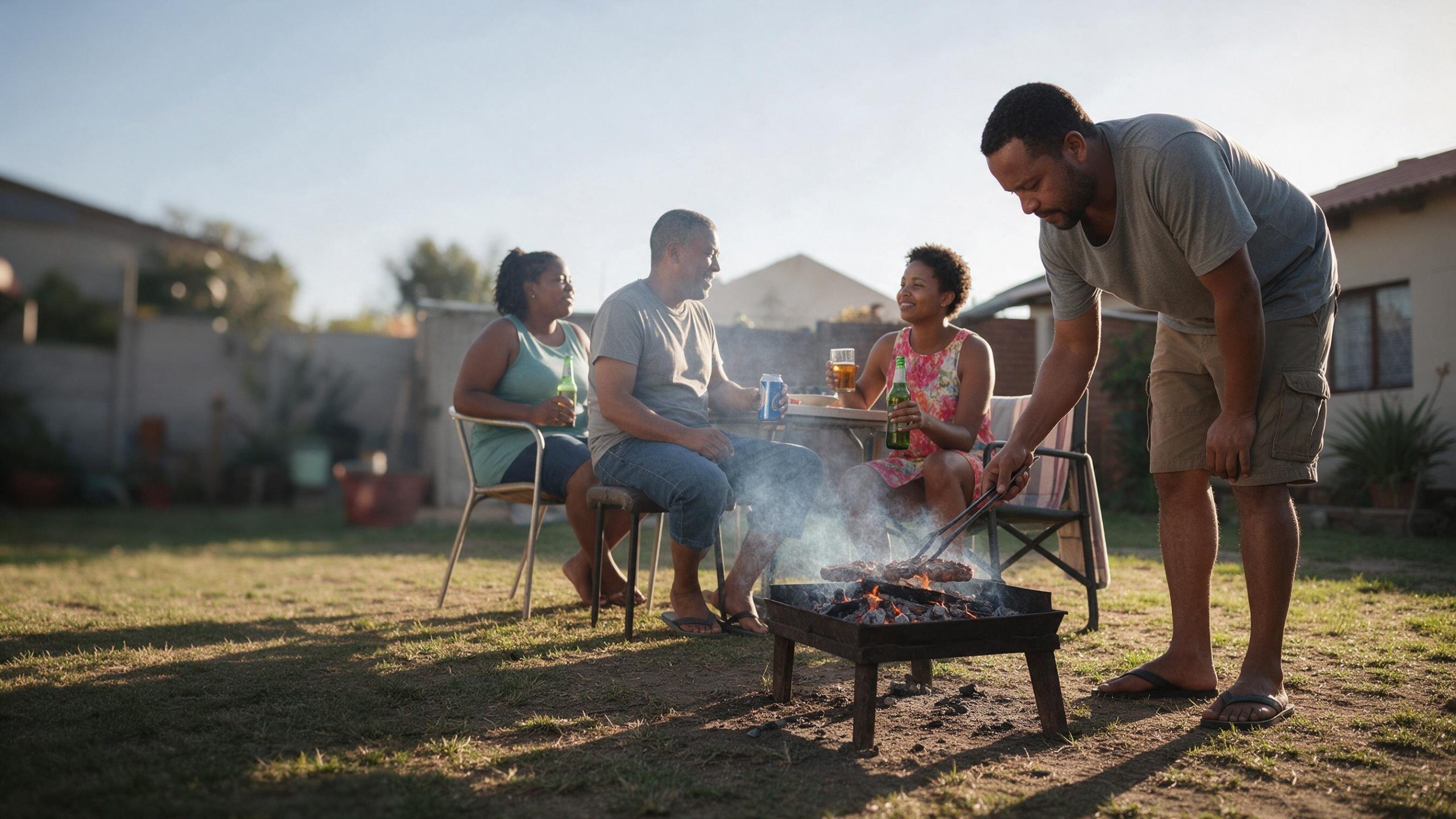 A family laughing together around a braai fire at sunset